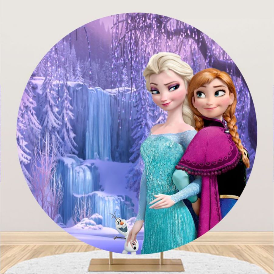 Décoration Anniversaire Frozen - Bannière Photo De Fond Ronde Princesses Anna Et Elsa - Pour Fête D'enfant