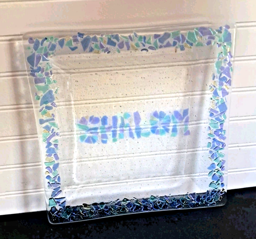 Fused Art Glass Dish 12x12 inch Jewish Serving Plate SHALOM Shabbat Tray - Picture 1 of 12
