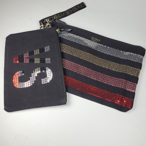 NWT Victoria's Secret 3-PC Bling Cosmetic Makeup Bag Wristlet Coin Pouch Black - Picture 3 of 7