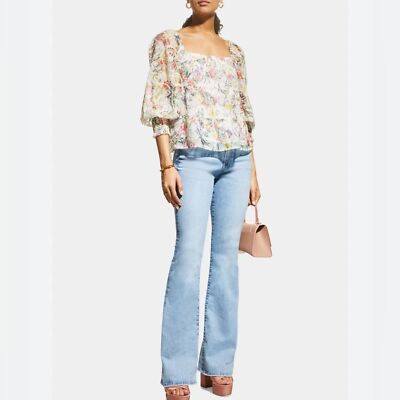 Alice & Olivia Rowa Floral Embroidered Tiered Puff-Sleeve Top Sz LG
