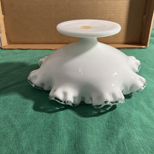 Fenton Milk Glass Candy Dish Silver Crest Ruffled Edge Pedestal Compote - Picture 14 of 24