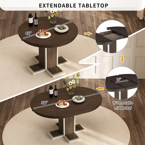 Round Dining Table, Extendable 5pcs Retro Set with 16" Removable Middle Leaf - Picture 6 of 17