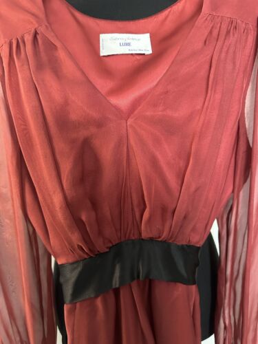 Seraphine Luxe Sz 4 Red Silk Maternity Dress Sheer Sleeve Black Sash Party Midi - Picture 4 of 7