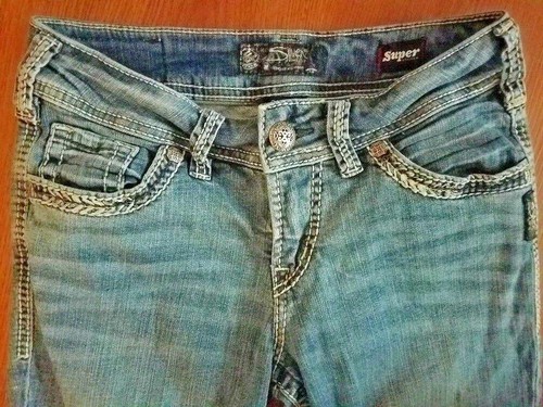 Silver Jeans SUKI Mid Slim Boot Super Stretch size 27 x 28 Flap Button Pockets - Picture 2 of 6