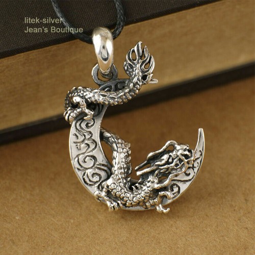 Colgante para hombre plata esterlina 925 dragón oriental enrollado alrededor de la luna A2055 - Imagen 5 de 5