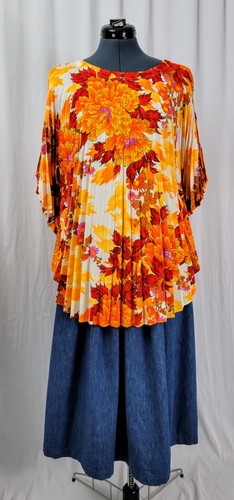Vintage Orange/Red/White Floral Knife-Pleated Capelet Top One Size - Picture 3 of 14