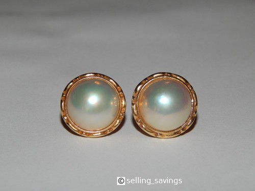 14K YELLOW GOLD MABE PEARL BAMBOO BOARDER 6/10th INCH BEZEL OMEGABACK EARRINGS - Picture 7 of 7