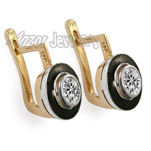 14k Solid Rose and White Gold Lab Created Diamond Enamel Earrings #E1732 - Picture 2 of 5