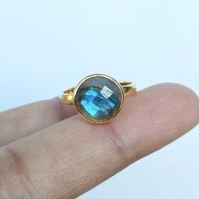 18K Gold Faceted Fire Labradorite Round Gemstone 925 Sterling Silver Womens Ring
