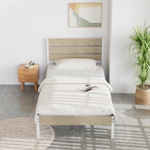 Vecelo Twin Full Queen Size Bed Frame with Wooden Headboard Metal Platform White - Picture 3 of 32