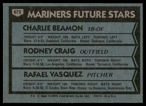 Mariners Future Stars (Charlie Beamon/Rodney Craig/Vasquez) 1980 Topps #672 - Bild 2 von 2