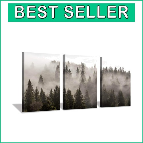 Tranquil Misty Forest Artwork: 3 Canvas Panels for a Serene Bedroom Display