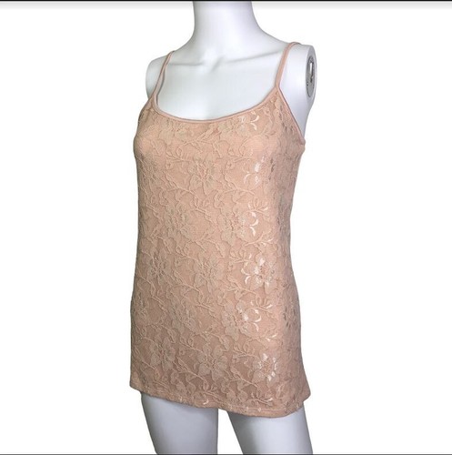 Ann Taylor Loft Sz M Women's Beige Lace Front Spaghetti Strap Tank Top - Picture 3 of 11