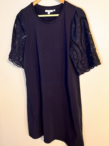 Women’s NICE Chico’s 1 Navy Blue Lace Crochet lace sleeve T-Shirt Midi Dress 8 - Picture 2 of 6