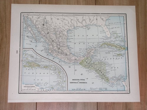 1896 ORIGINAL ANTIQUE MAP OF MEXICO CENTRAL AMERICA CARIBBEAN PUERTO RICO
