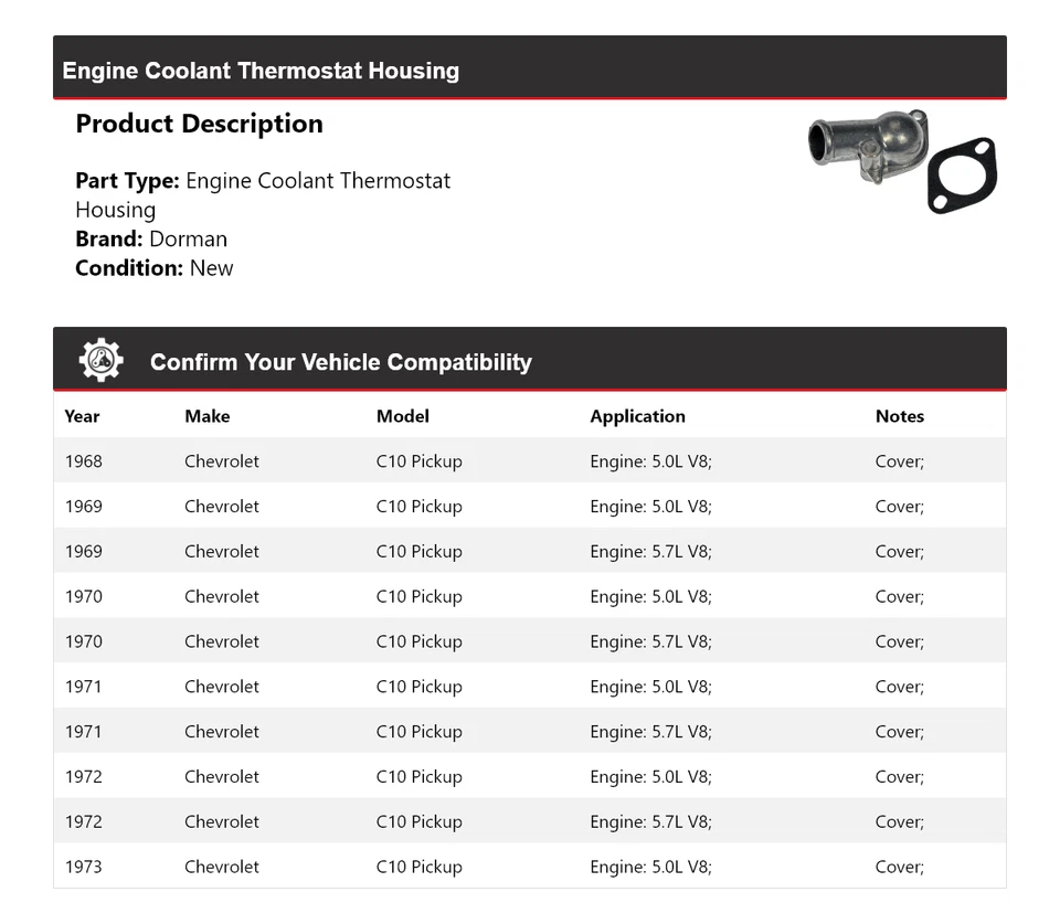 Carcasa termostato refrigerante motor Dorman camioneta Chevrolet C10 1968-1973 1969 Foto 2 de 4