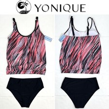 Yonique Women  s Two Piece Blouson Tankini Swimsuit NWT Size M Black/Pink