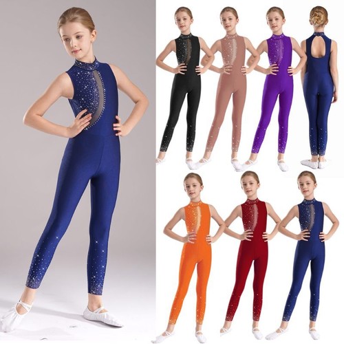 Kids Girls Jumpsuit Sleeveless Unitard Shiny Bodysuit Rhinestones Leotard Mesh - Picture 4 of 62