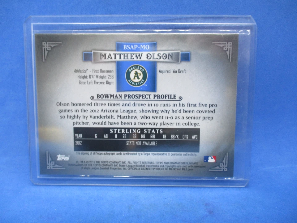 2012 Bowman Sterling Matt Olson On Card Auto RC A’s Braves #BSAP-MO Topps - Image 2 of 2