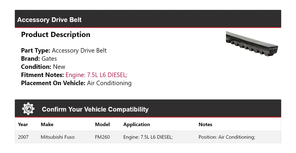 Correa de transmisión diésel puertas de aire acondicionado para Mitsubishi Fuso FM260 2007 7,5 L L L6 Foto 2 de 4