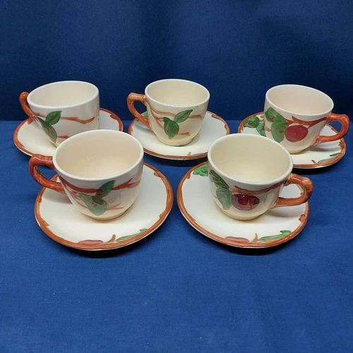 Vintage Franciscan Earthenware Apple 5 Sets Cups/Saucers 1970 Backstamp USA 