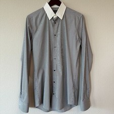 Gucci Men  s Dress Shirt Gray Striped w. White Collar Classic Cotton Size 15/38