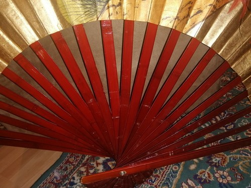 5' X 3.5' Large VTG Chinese Bird Hand Painted Brise Fan Gold Bamboo elegant - Picture 6 of 12