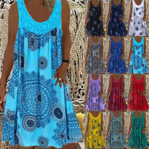 Womens PRINTED Summer Loose Tank Dress Tops Ladies Lace Casual Dresses PLUS SIZE - Picture 2 of 26