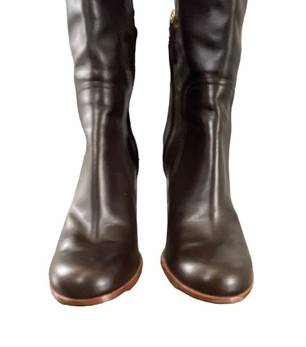 Auth FENDI Tall Dark Brown Leather Boots Stacked Heel Sz 36 Riding Boots Sz 6 - Picture 3 of 13