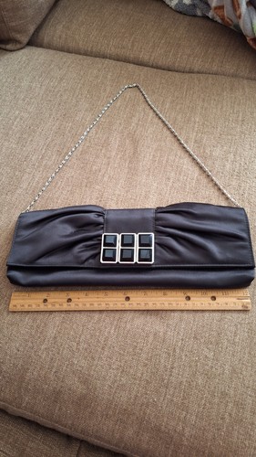 Jessica McClintock Evening Purse Black Matt Fabric Pleated Beaded Silver Chain - Picture 6 of 8