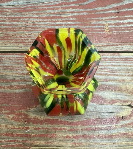 Antique Hexagon Top Hand Made Red Green Yellow Bud Vase Gold Flecks - 4 - 7/8” - Picture 2 of 8
