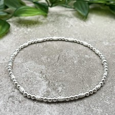 925 Sterling silver small cut oval round bead stretch plain stacking bracelet