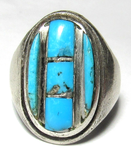 Anillo Grueso NAVAJO Zuni Incrustación Turquesa Talla 7.5 NATIVO AMERICANO Pesado 20 Gramos - Imagen 12 de 23