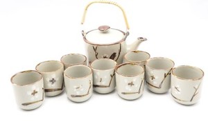 Vintage-Ten-Peice-Asian-Stoneware-Pottery-Sake-Teapot-Set-One-Pot-and-Nine-Cups