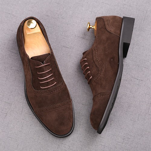 Zapatos formales de boda de cuero de gamuza marrón tallados con brogue británico para hombre - Imagen 19 de 21