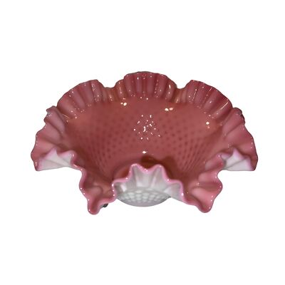 Fenton Pink & White Hobnail Overlay Glass Bowl with Ruffled and
