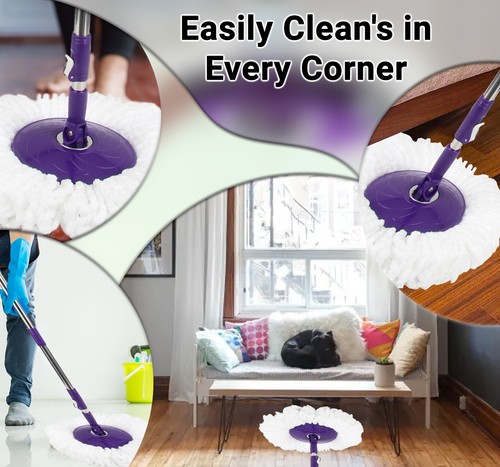 360° Mop & Bucket Easy Wring and Clean Turbo Set With 2 Microfibre Heads Purple - Picture 6 of 12