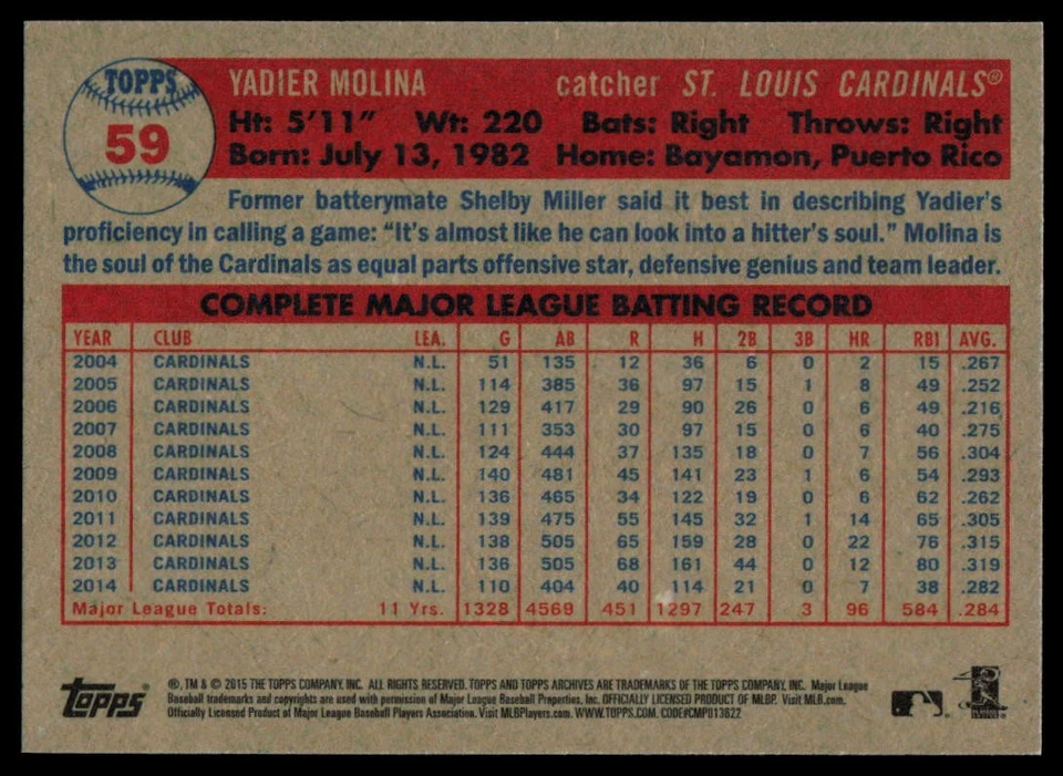 2015 Topps Archives #59 Yadier Molina St. Louis Cardinals - Image 2 of 2