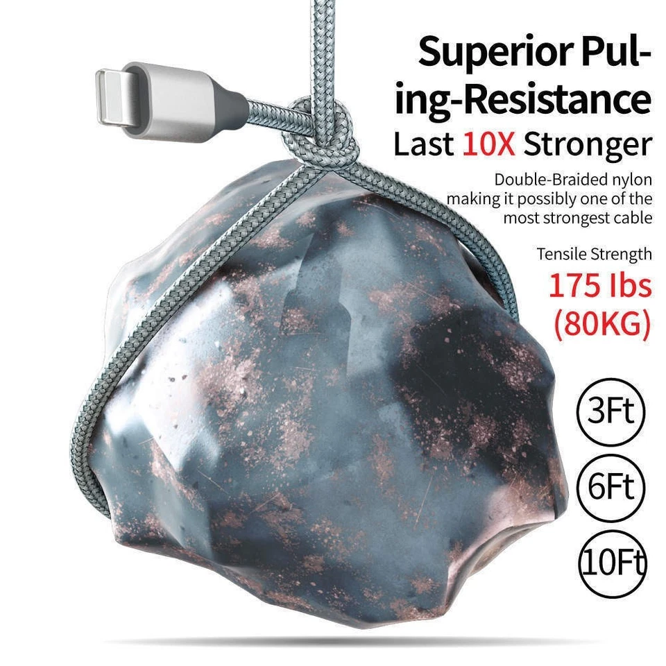 3-Pack 10FT Fast Charging Braided USB to Lightning MFi-Certified Cable iPhone - Image 3 of 4