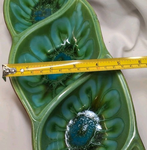 Vintage SCHATZHANDWERK Blatt geteilt 4 Abschnitte Snack Tablett grün Tropfglasur 70er   - Bild 8 von 9