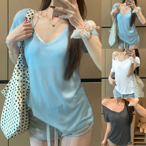 Fashionable Loose Off Shoulder V Neck T Shirts for Women Short Sleeves - Picture 3 of 16
