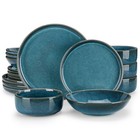 16 Piece Blue Reactive Glaze Ceramic Dinner Set Plates Bowls Tableware for 4