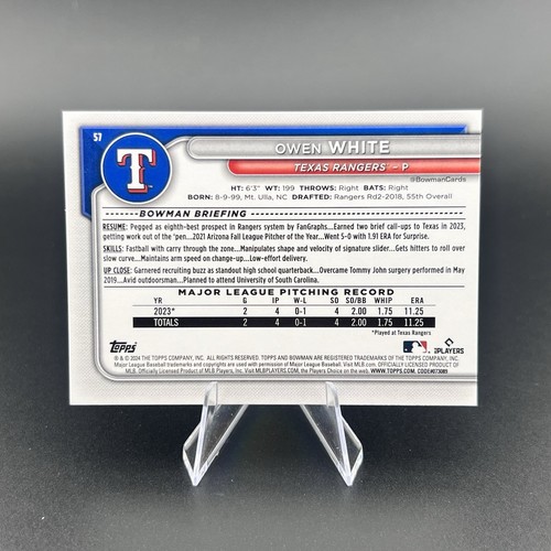 Owen White (RC) 2024 Bowman Rookie Sky Blue Parallel /499 Texas Rangers - Picture 2 of 2