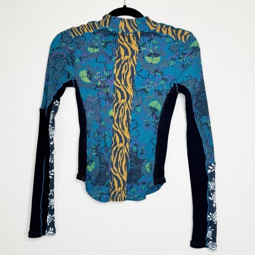 Free People Meadow Mix Tee Blue Combo • Long Sleeve Patchwork Mock Neck Size XS - Picture 4 of 12