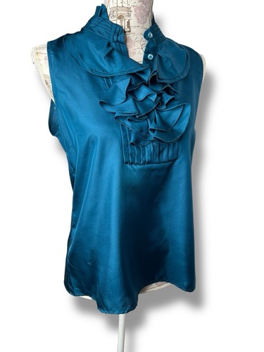 Top smanicato J Crew 100% seta fondo alto colletto con volant 8 blu - Foto 9 di 11