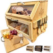 Extra Large Bread Box with Cutting Board & Knife Set | 7 Piece Set | Bamboo B...