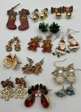 Christmas Earrings Lot Of 13 Santa Snowman Wreath Bells Snowflake