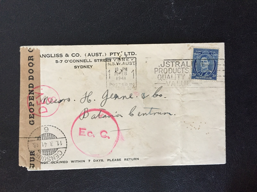 AUSTRALIA 1941 3d COVER WITH Ec.C & DEV.8 CIRC. CENSOR MARKS TO BATAVIA CENTRUM - Picture 1 of 2