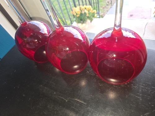 Vintage Set of 3 Tall Ruby Red Balloon Goblets 8.5" w Clear Stems - Picture 12 of 24