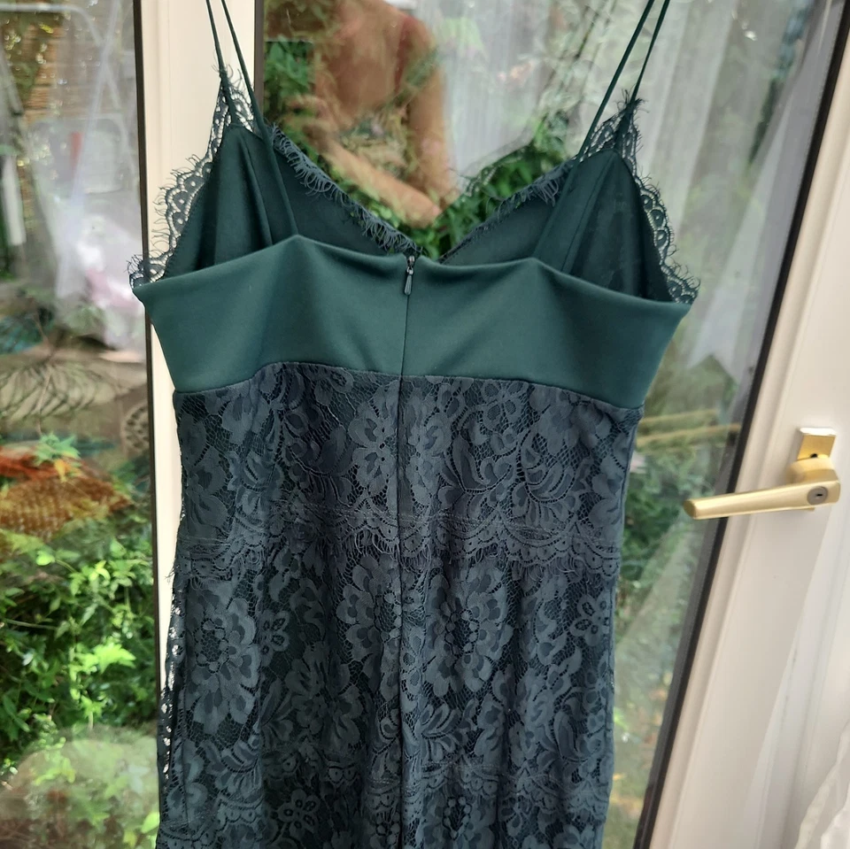 Topshop Petite Green Floral Lace V-Neck Strappy Slip Midi Dress Zip UK 12 - Image 3 of 3